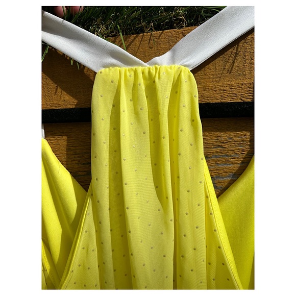 Sz L-Nymphe brand lined yellow dress w/gold dots & white straps - Picture 3 of 5